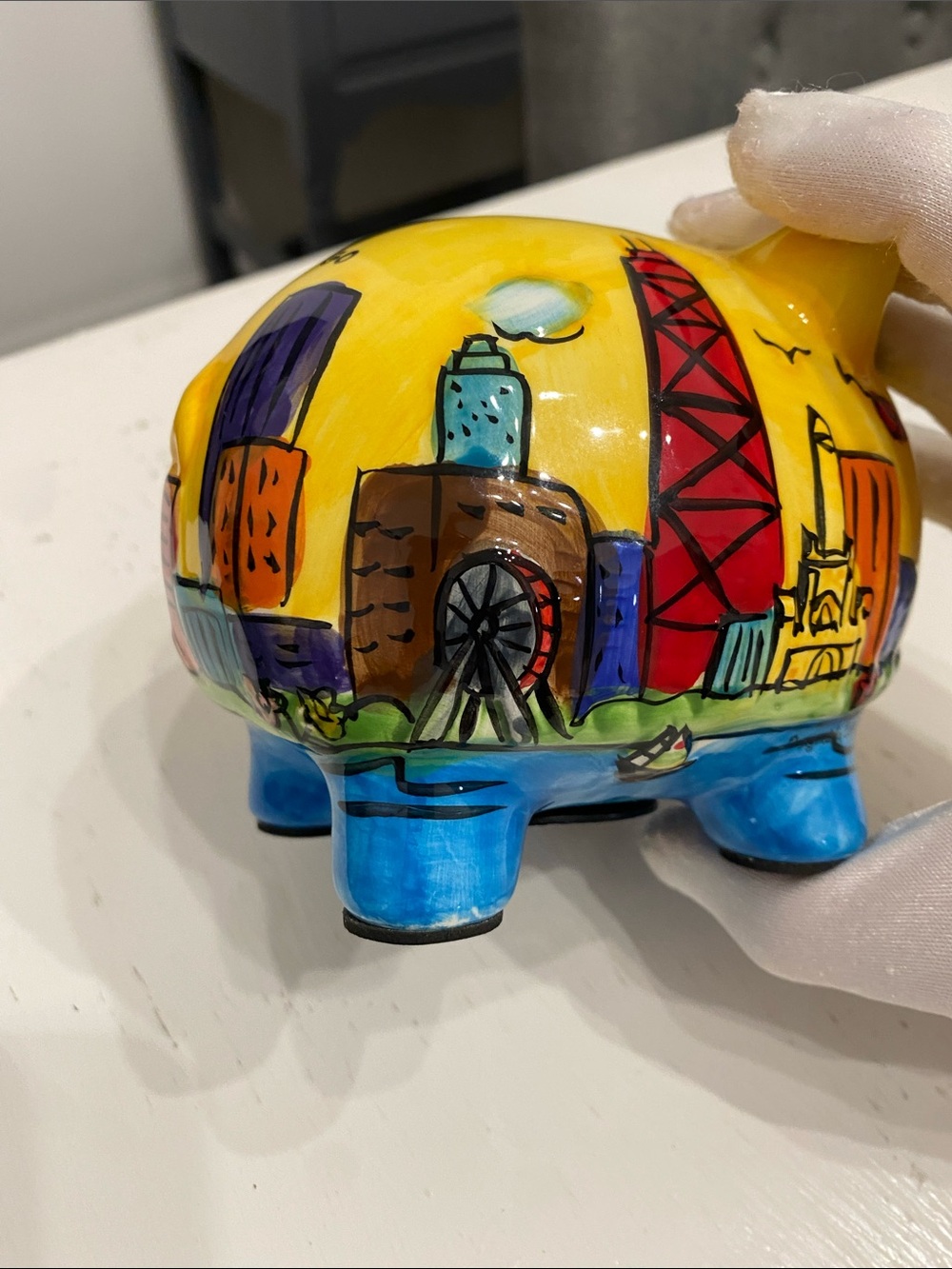 Vintage Ceramic Hand-Painted Yellow Chicago Cityscape Skyline Piggy Bank - Picture 14 of 16
